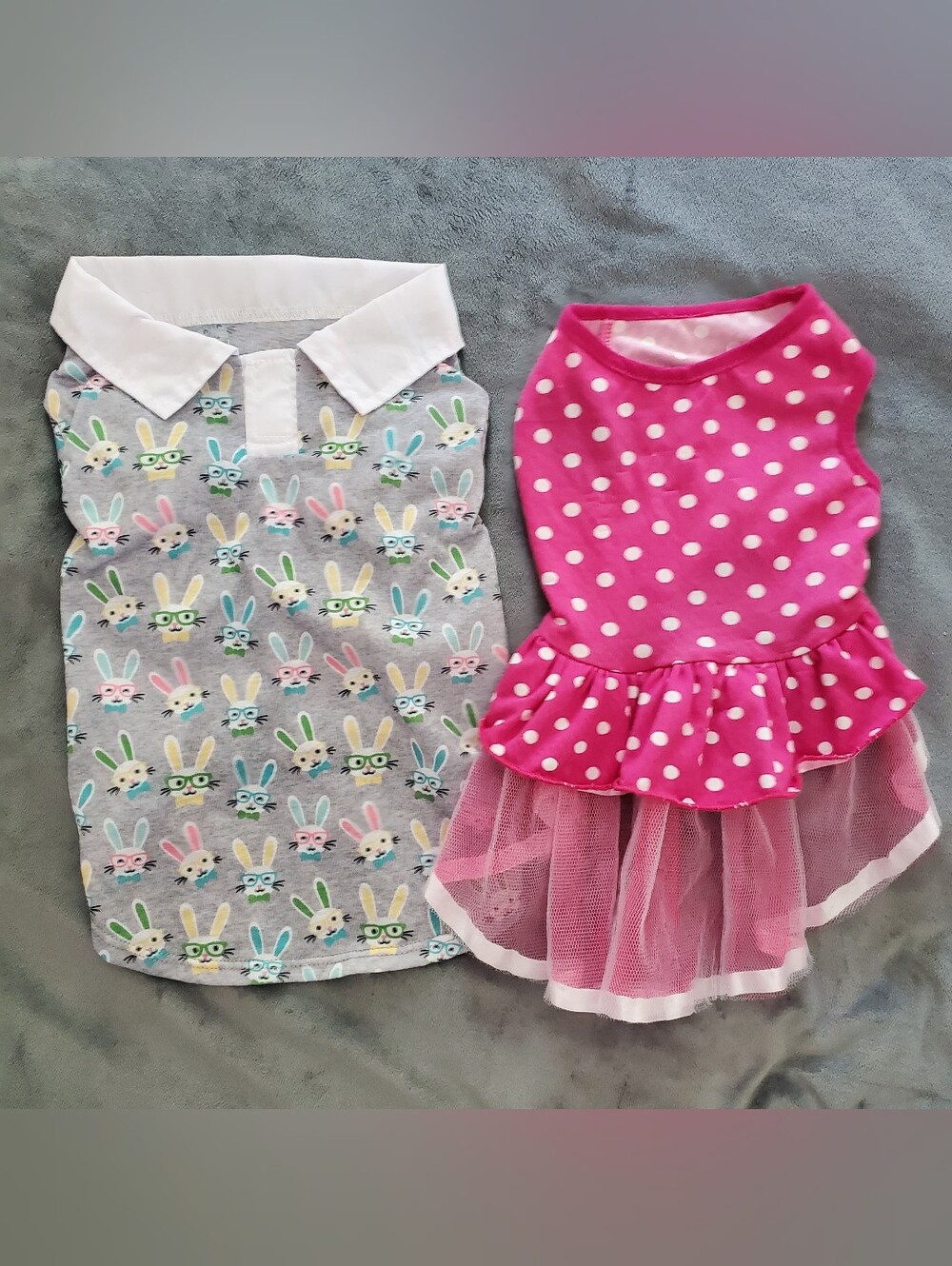 2 Dog DressesSize SmallPink with white polka dots Gray with multicolored bunny